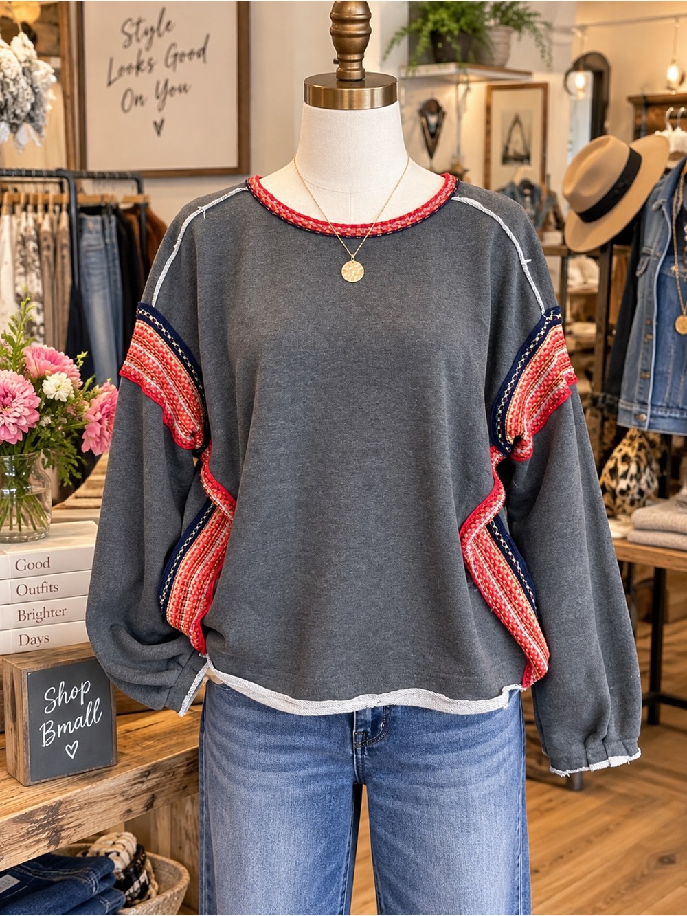 NATURAL LIFE Charcoal Sweatshirt with Red & Navy Trim